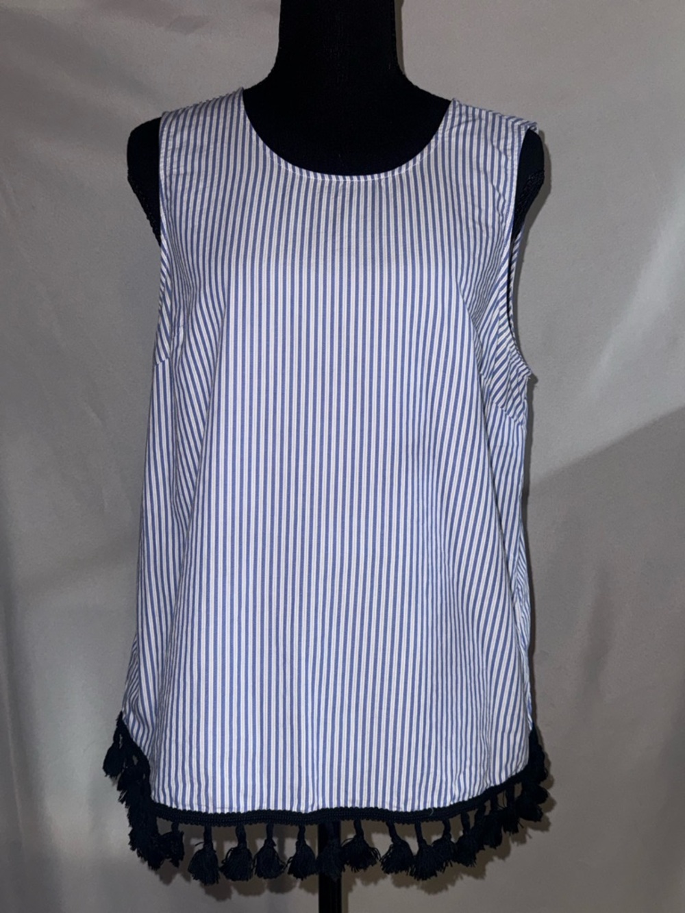 Who What Wear Navy & White Striped Tassel-Hem Tank